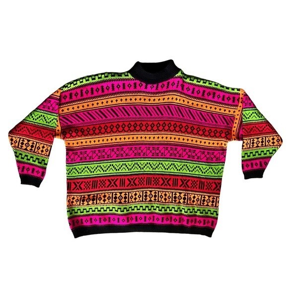 RARE! 90’s Forelli Neon and Black Acrylic Winter Sweater Size 2X - Picture 1 of 11